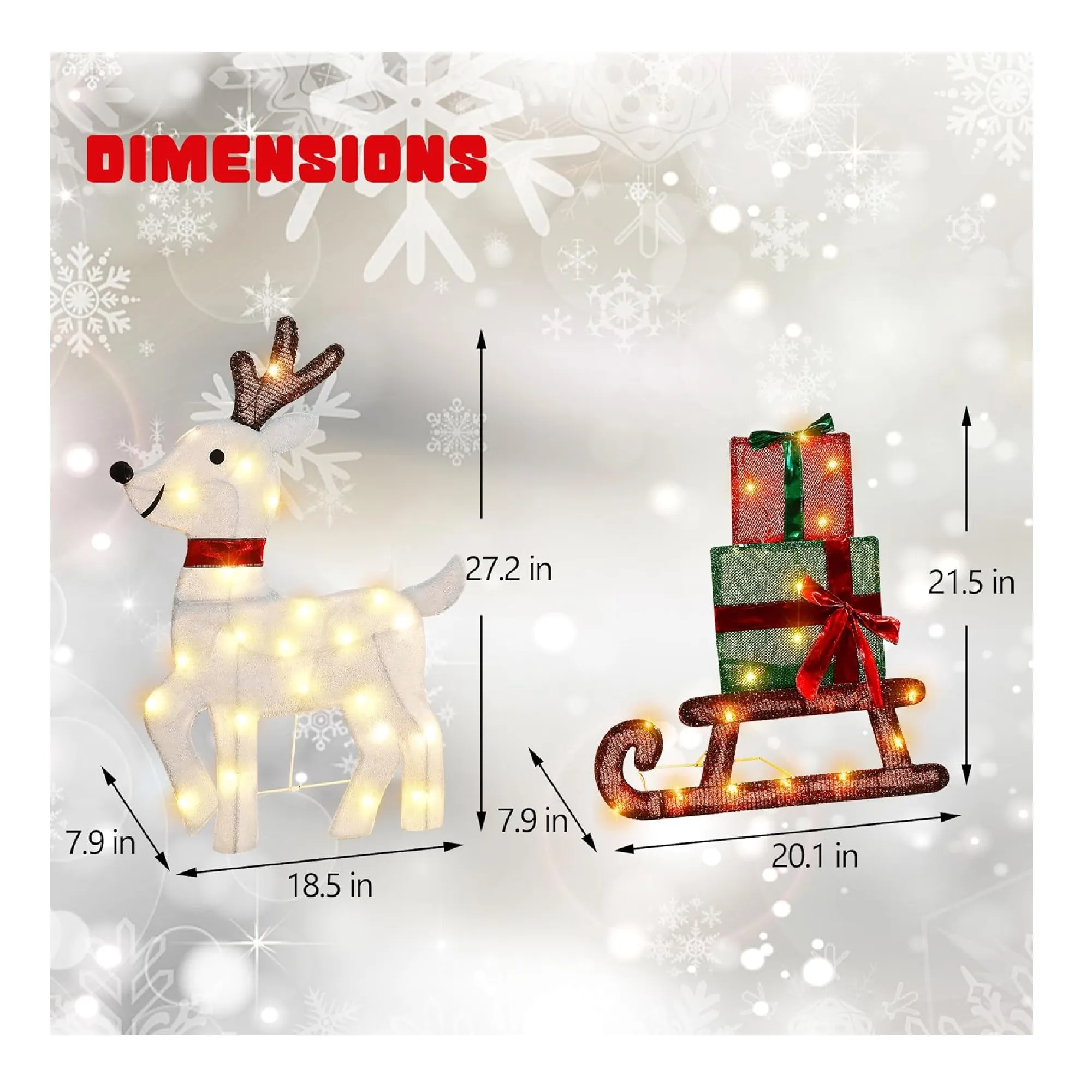 Joliyoou 2D Christmas Yard Decoration, Set of 3 Pre-lit Reindeer with 60 LEDs Warm White Lights for Xmas Front Door Indoor Outdoor Lighted Holiday Displays (Reindeer Pull Leigh)
