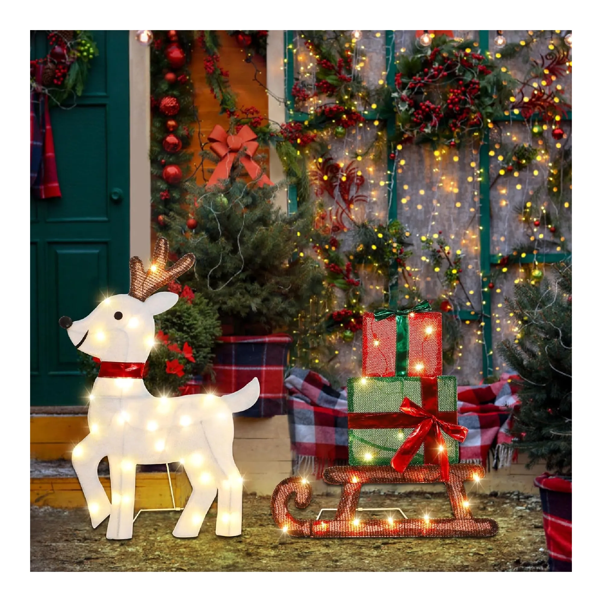 Joliyoou 2D Christmas Yard Decoration, Set of 3 Pre-lit Reindeer with 60 LEDs Warm White Lights for Xmas Front Door Indoor Outdoor Lighted Holiday Displays (Reindeer Pull Leigh)