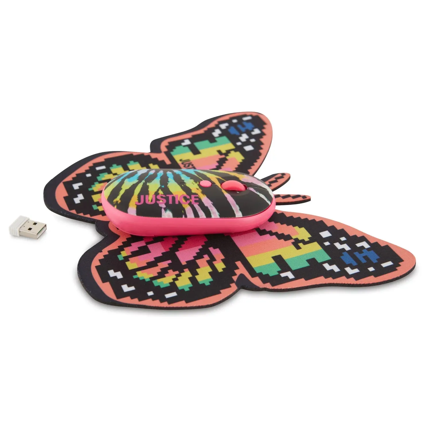 Justice JUSWMP022-BTD 2.4 Ghz Optical Mouse with Nano USB Receiver and Butterfly Shaped Mousepad, Black Tie Dye