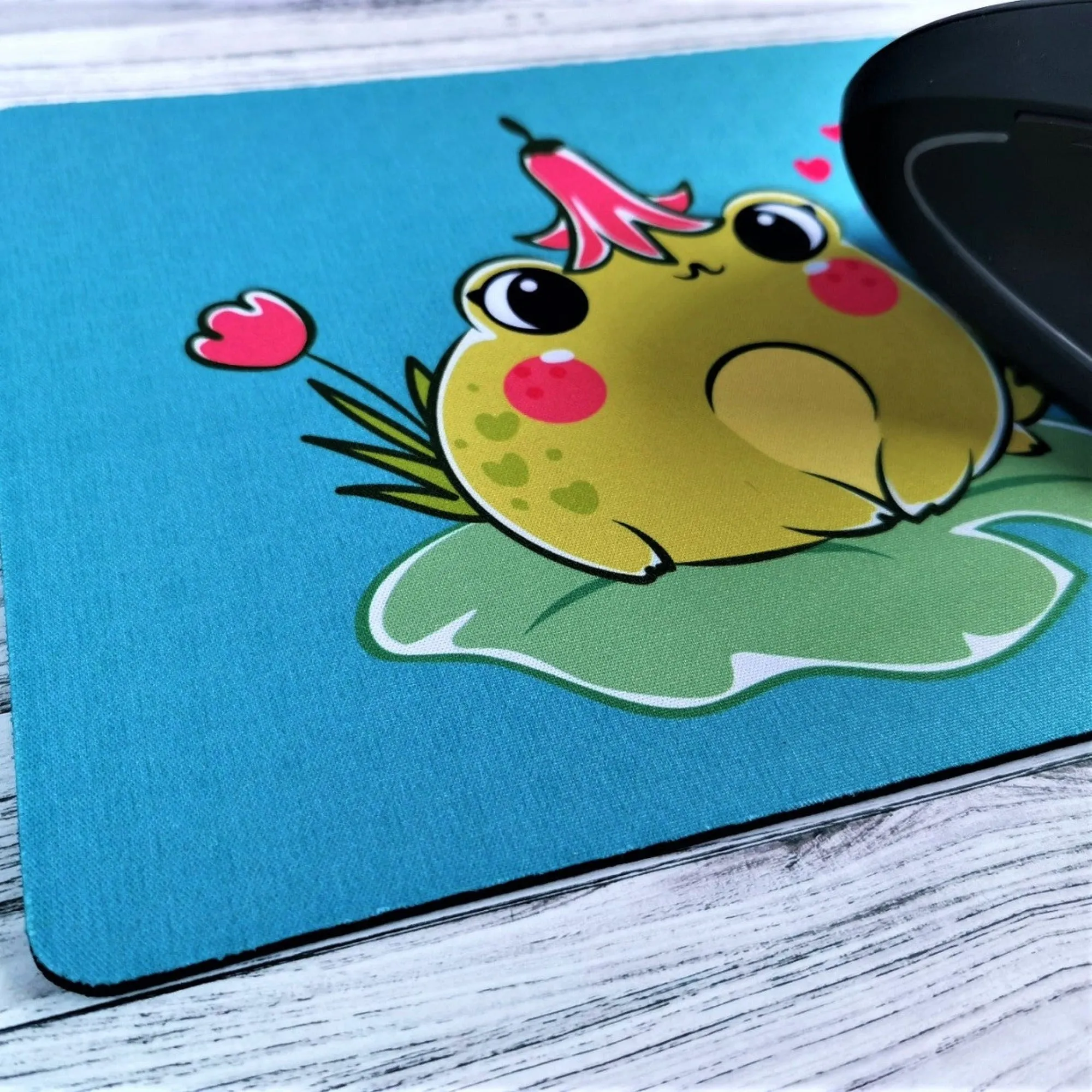 Kawaii frog on lily pad printed mouse mat