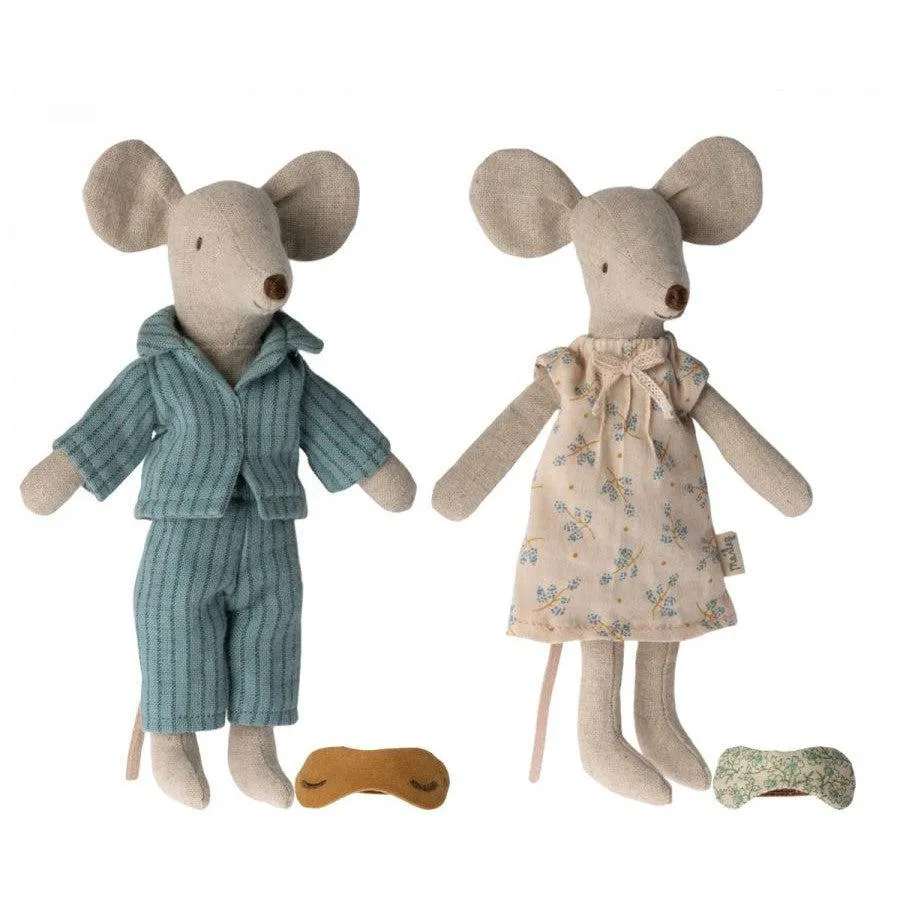 Maileg - Mum & Dad mice in cigar box - blue stripe PJs   floral nightie