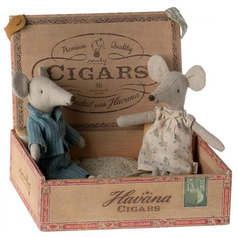 Maileg - Mum & Dad mice in cigar box - blue stripe PJs   floral nightie