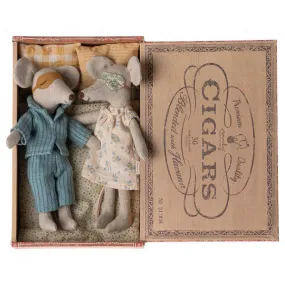 Maileg - Mum & Dad mice in cigar box - blue stripe PJs   floral nightie