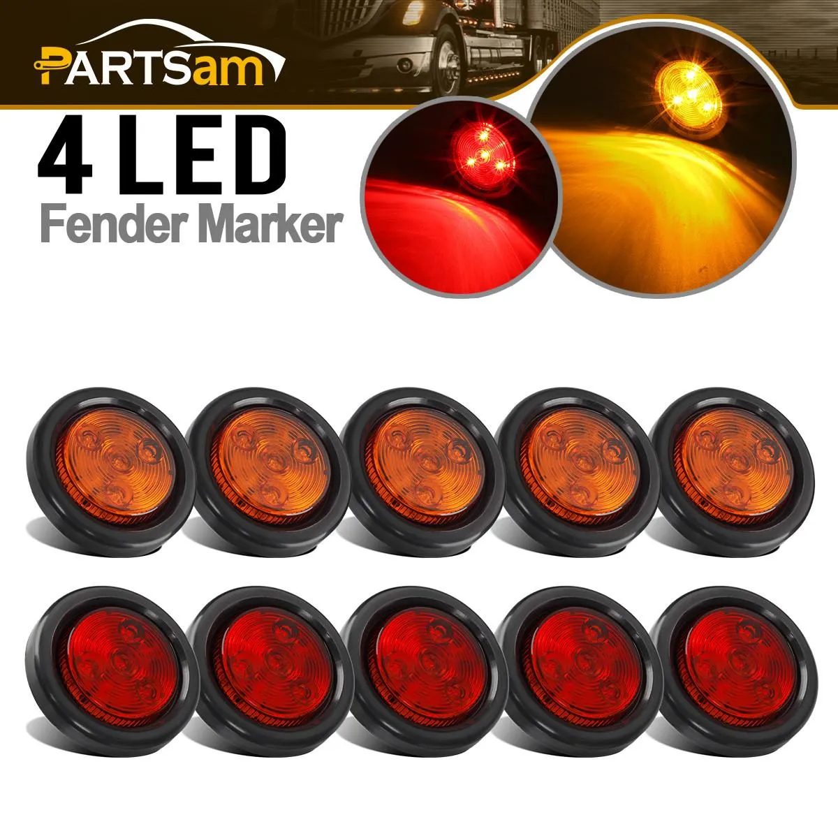 Partsam 10Pack(5 Amber   5 Red) 2" Led Round Side Marker Light Grommet Flush Mount 4LED, Sealed 2 Round led Marker Lights Truck Trailer with Reflex Lens, IP67 Waterproof