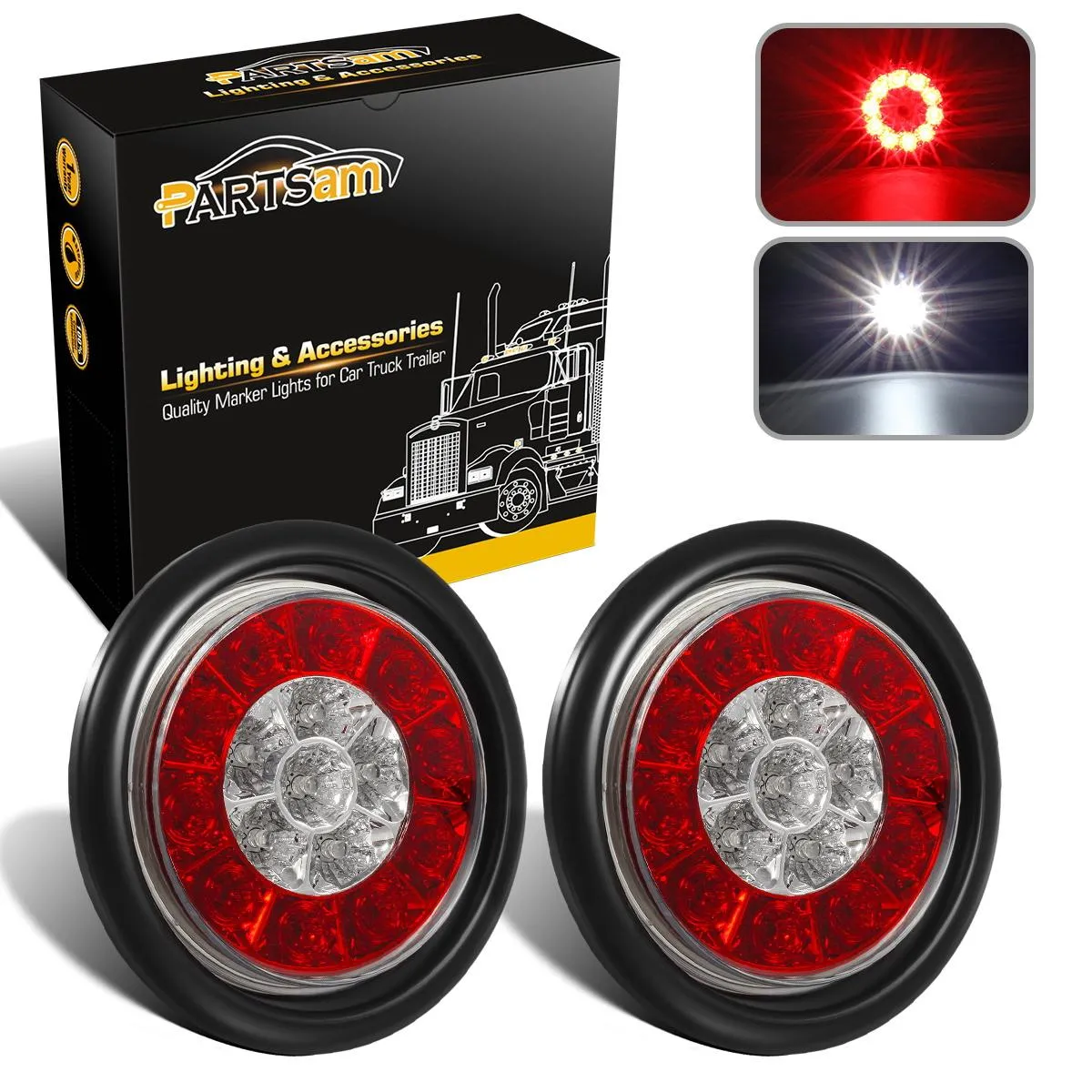 Partsam 2Pcs 4inch Inch Round LED Trailer Tail Lights 16LED w Rubber Grommet, Waterproof Sealed Round Red Stop Turn Tail Brake Running Lights White Reverse Backup Lights Lamps for RV Trailer Trucks