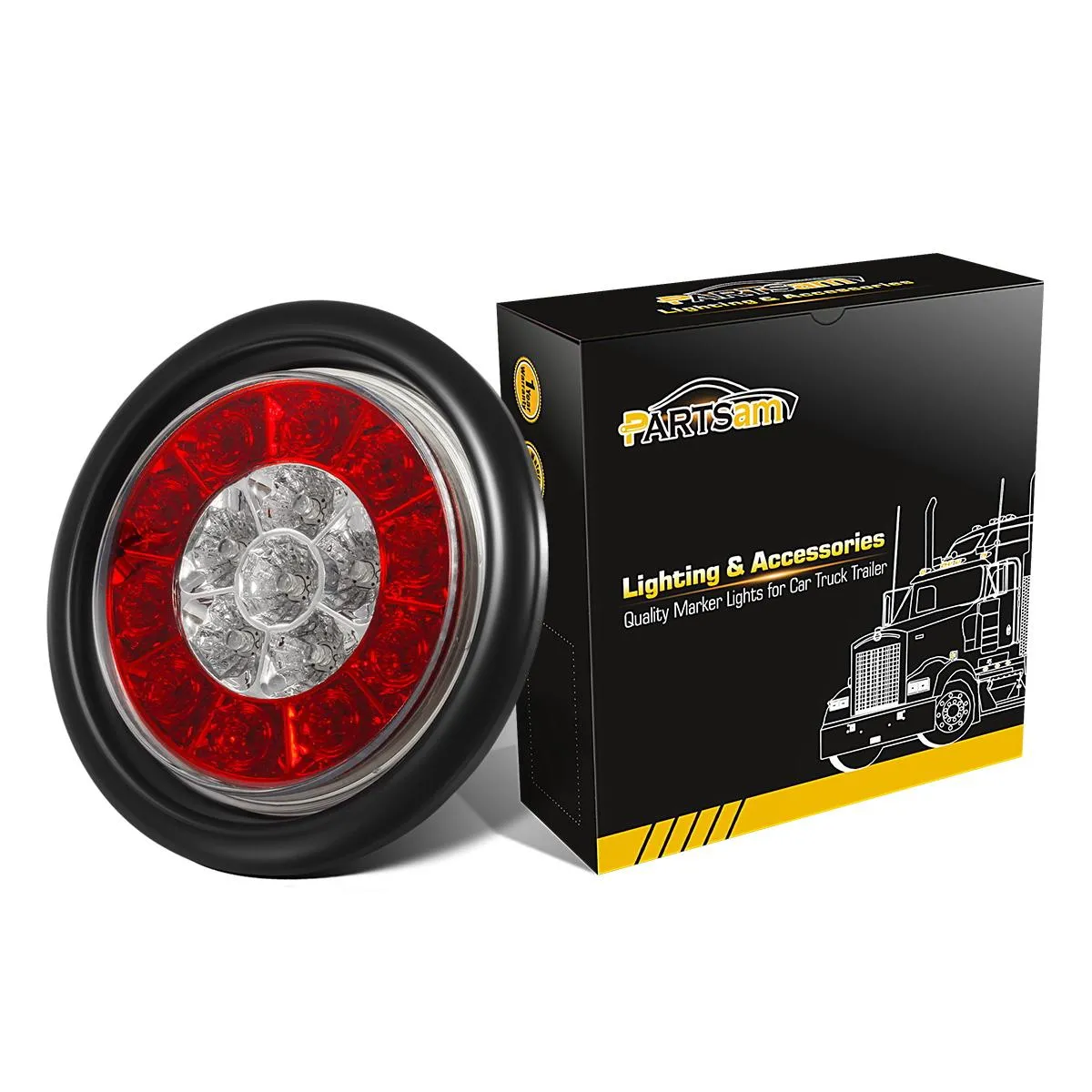 Partsam 2Pcs 4inch Inch Round LED Trailer Tail Lights 16LED w Rubber Grommet, Waterproof Sealed Round Red Stop Turn Tail Brake Running Lights White Reverse Backup Lights Lamps for RV Trailer Trucks