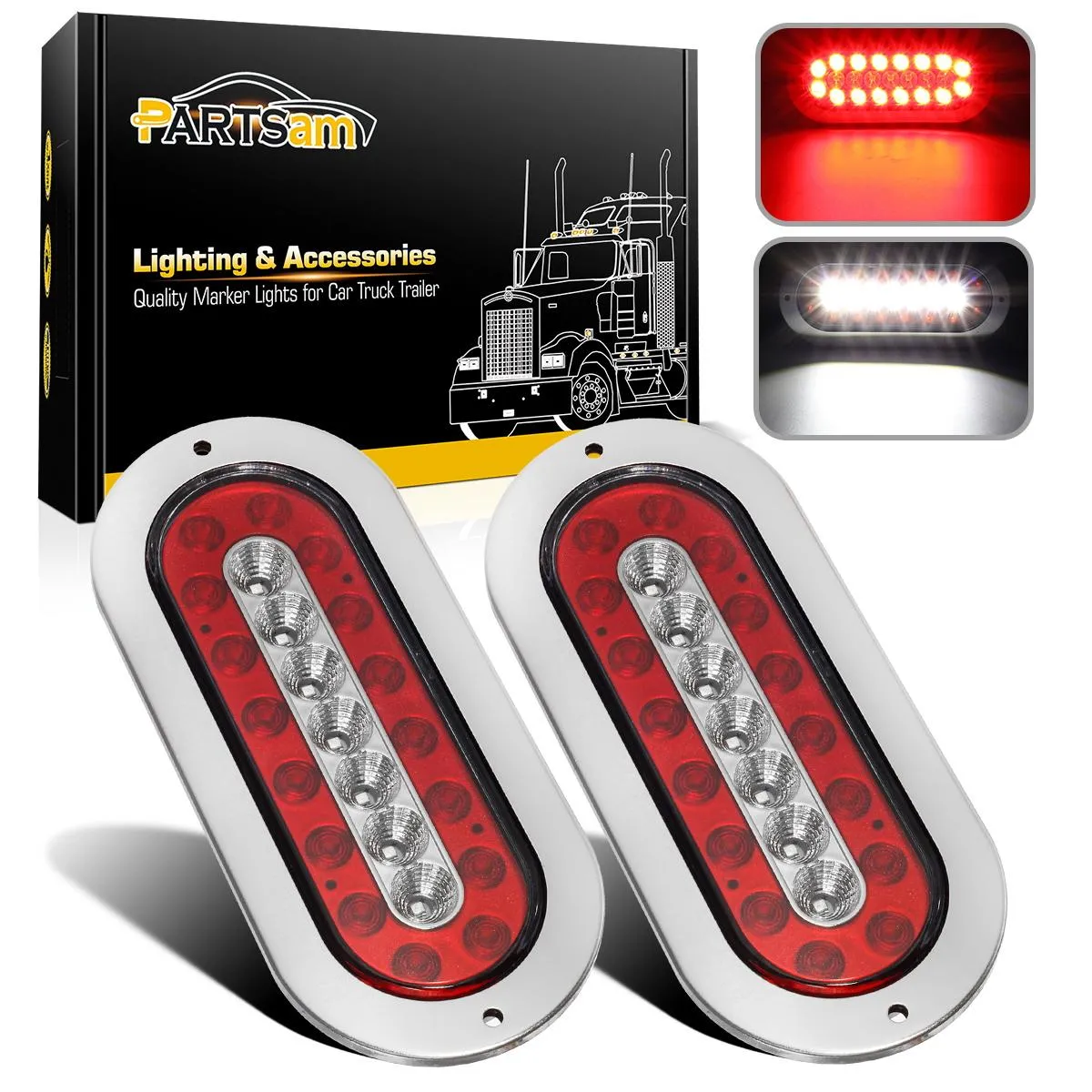 Partsam 2Pcs 6-1/2inch Oval Led Trailer Tail Lights 23 LED Flange Mount Waterproof Combo Red Stop Brake Tail Running Lights Taillights White Back Up and Reverse Lights Sealed with Reflectors 12V DC