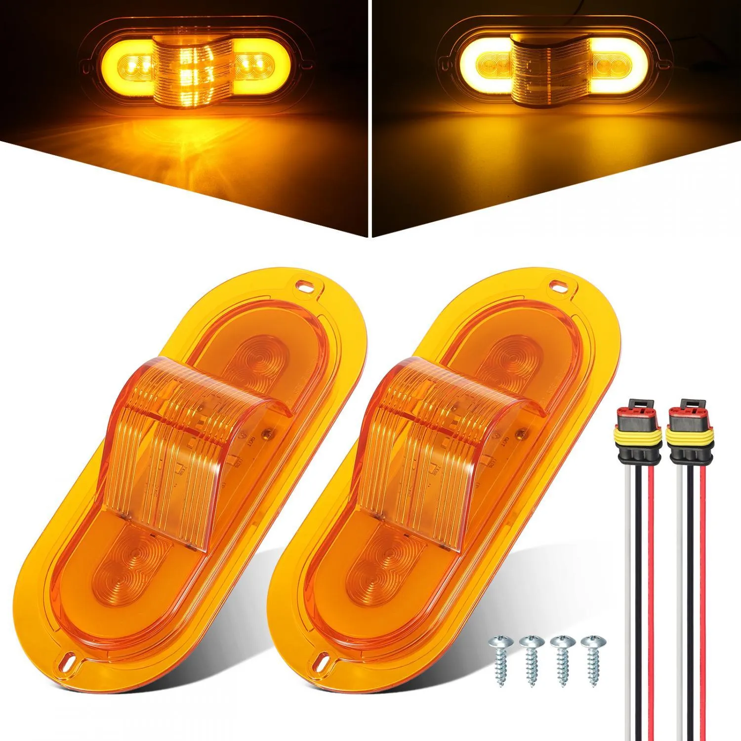 Partsam 2Pcs 6 Inch Oval Led Mid Ship Turn Signal and Side Marker Clearance Lights Amber Lens Sealed with 3-Wire Pigtail for Led Trailer Lights, Weathertight Plug