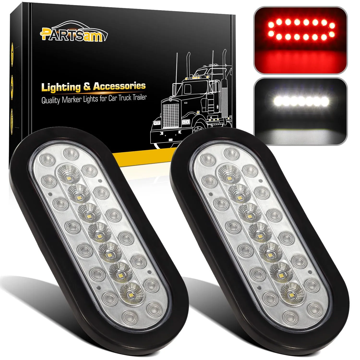 Partsam 2Pcs 6.3 inch Oval Led Stop Turn Tail Lights with Reverse Lights Red and White Clear Lens 23 LED, Sealed 6.3 inch Oval led Trailer Tail Lights Backup Lights w reflectors Grommet Flush Mount