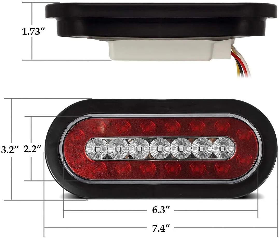 Partsam 2Pcs 6.3" inch Oval Truck Trailer Led Tail Stop Brake Lights Taillights Running Red and White Backup Reverse Lights, Sealed 6.3 inch Oval led Trailer Tail Lights w reflectors Flush Mount