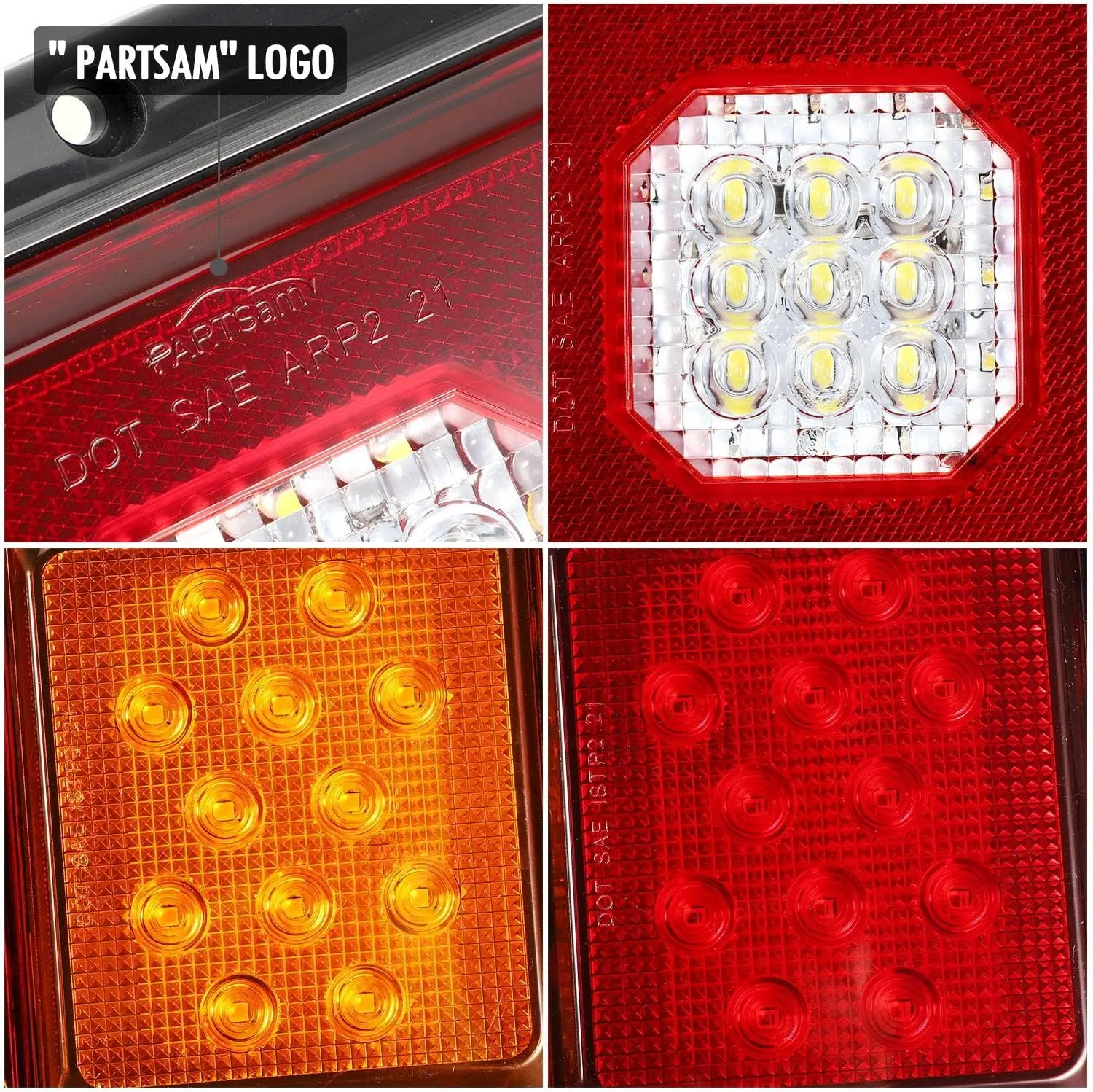 Partsam 2x LED Triple Tail Lights 45 LEDs Rectangle Vertical Horizontal Mount LED Trailer Truck Camper RV Stop Turn Tail Lights Backup Reverse Taillights w Gasket Black Base Amber/Red/Clear Lens 12V