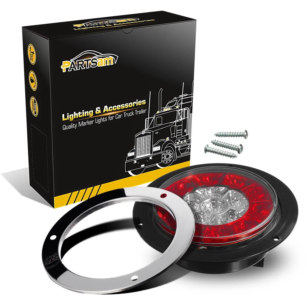 Partsam 4inch Inch Round Led Trailer Taillights Stop Brake Lights Running Red and Amber Parking and Turn Signal Lights, Sealed Double Color Round Led Lights w/ Stainless Steel Rings Flange Mount (4Pack)