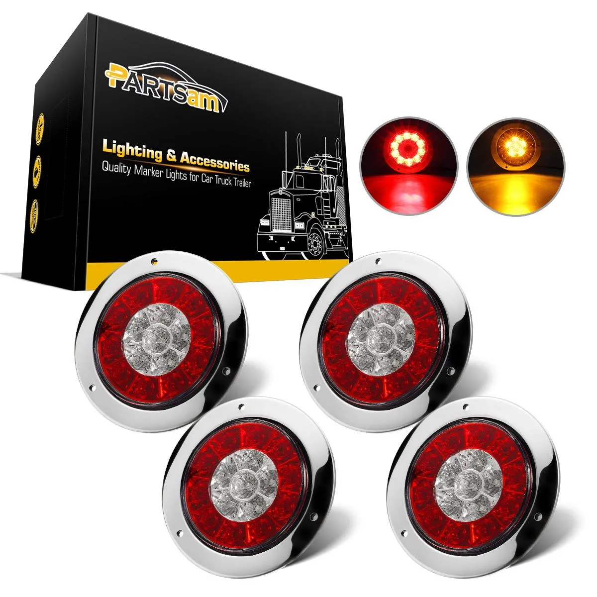 Partsam 4inch Inch Round Led Trailer Taillights Stop Brake Lights Running Red and Amber Parking and Turn Signal Lights, Sealed Double Color Round Led Lights w/ Stainless Steel Rings Flange Mount (4Pack)