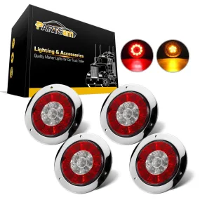 Partsam 4inch Inch Round Led Trailer Taillights Stop Brake Lights Running Red and Amber Parking and Turn Signal Lights, Sealed Double Color Round Led Lights w/ Stainless Steel Rings Flange Mount (4Pack)