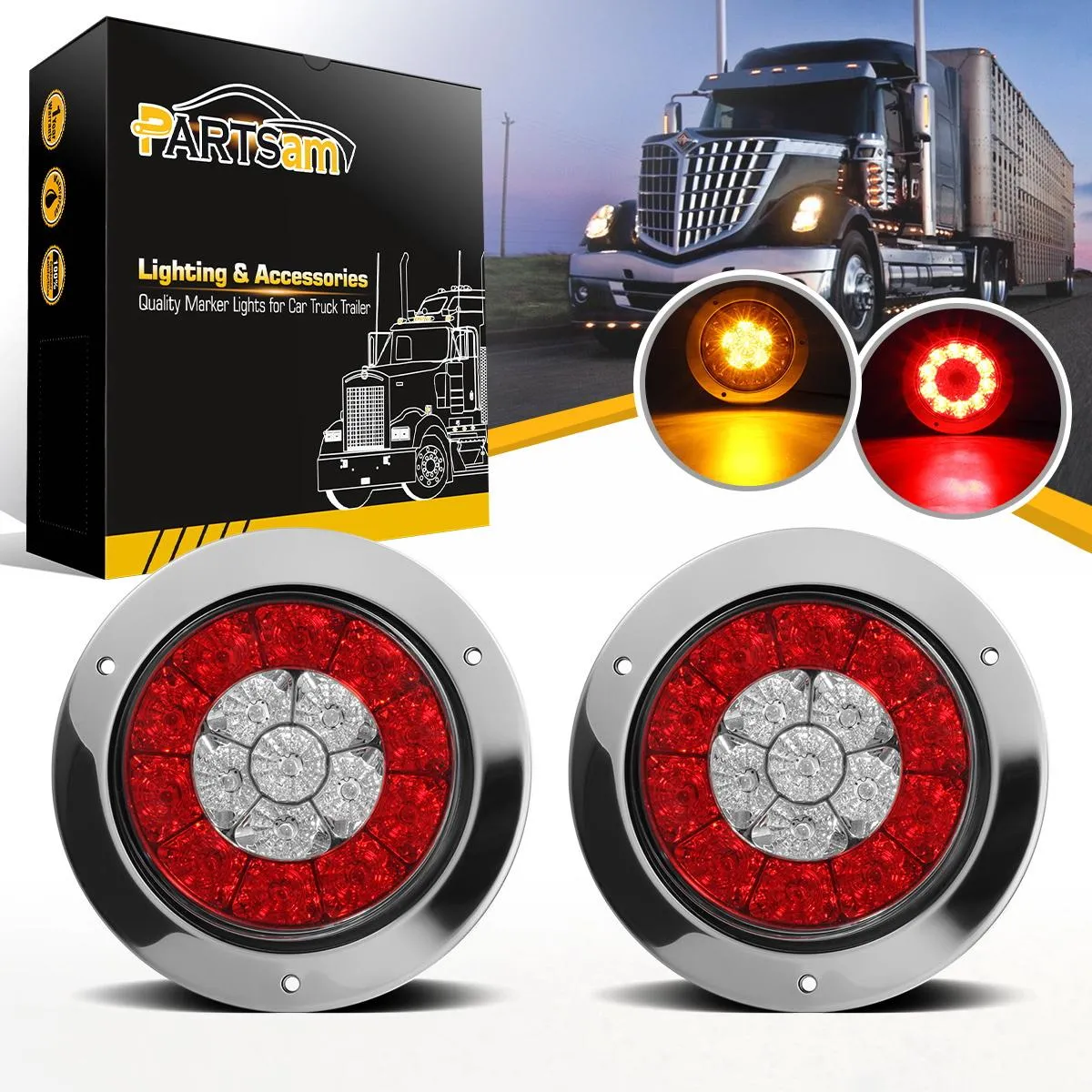 Partsam 4inch Inch Round Truck Trailer Led Tail Stop Brake Lights Taillights Running Red and Amber Parking Turn Signal Lights, Sealed Dual Color Round Led Lights w/ Miro-reflectors Flange Mount (2Pack)