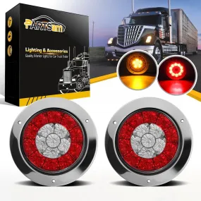 Partsam 4inch Inch Round Truck Trailer Led Tail Stop Brake Lights Taillights Running Red and Amber Parking Turn Signal Lights, Sealed Dual Color Round Led Lights w/ Miro-reflectors Flange Mount (2Pack)