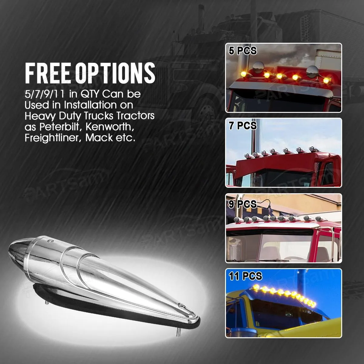 Partsam 5PCS 21LED Smoke Torpedo Cab Marker Roof Running Top Lights Assembly Super Bright Chrome Heavy Duty Trucks Lights Replacement for International Kenworth/Peterbilt/Freightliner/Mack