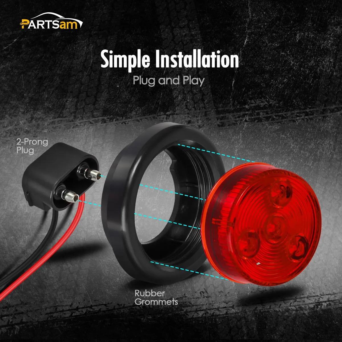 Partsam 5pcs 2" Red Round Sealed Clearance Marker Light 4 LED Mount Grommet / Pigtails Hardwired