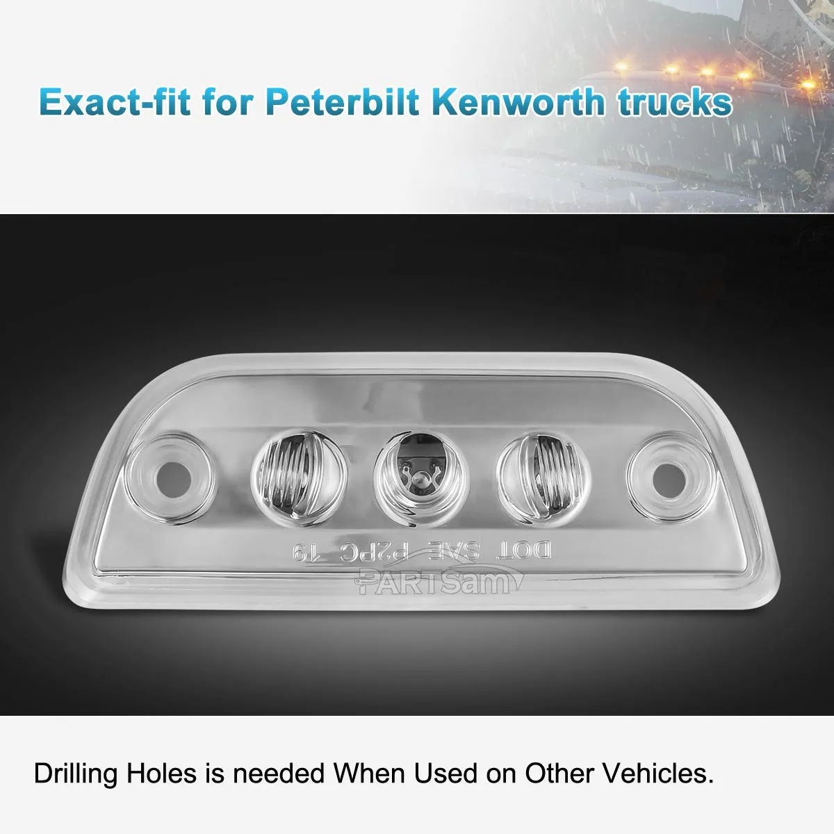 Partsam 5pcs 3LED Cab Light Truck Trailer Cab Marker Clear Lens Top Roof Running Reflective Lights Assembly Compatible with Peterbilt 579 & Kenworth T680, T770, T880 Heavy Trucks Cab Lights