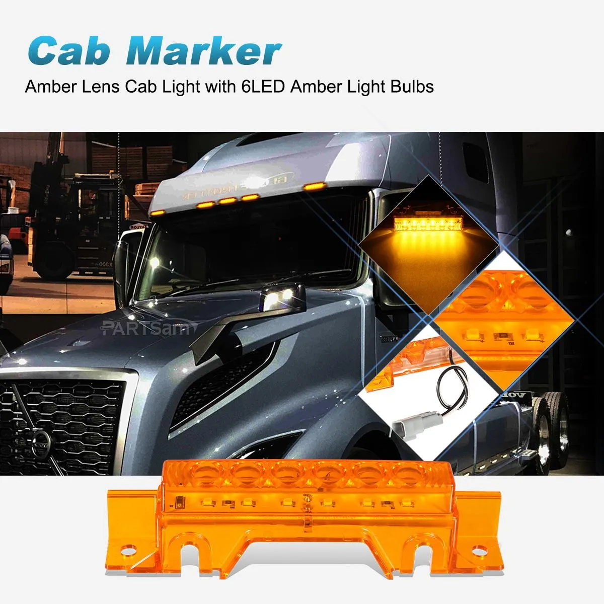 Partsam 5PCS 6LED Cab Light Truck Trailer Cab Marker Top Amber Lens Roof Running Light Reflective Lights Assembly Compatible with 2004 VN/2003-2020 VNL Trucks Waterproof