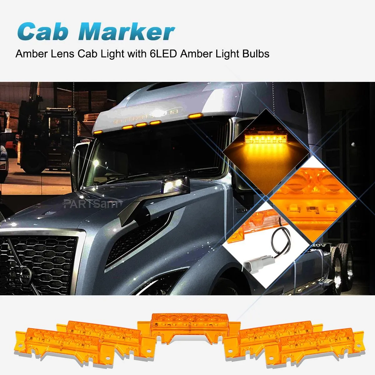 Partsam 5PCS 6LED Cab Light Truck Trailer Cab Marker Top Amber Lens Roof Running Light Reflective Lights Assembly Compatible with 2004 VN/2003-2020 VNL Trucks Waterproof