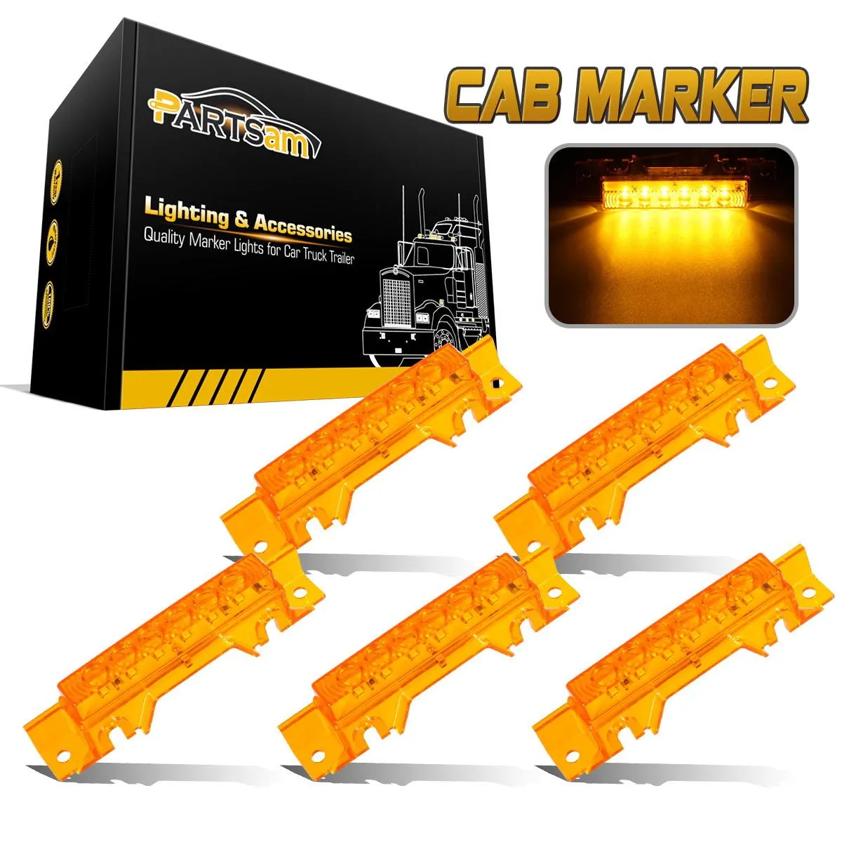 Partsam 5PCS 6LED Cab Light Truck Trailer Cab Marker Top Amber Lens Roof Running Light Reflective Lights Assembly Compatible with 2004 VN/2003-2020 VNL Trucks Waterproof