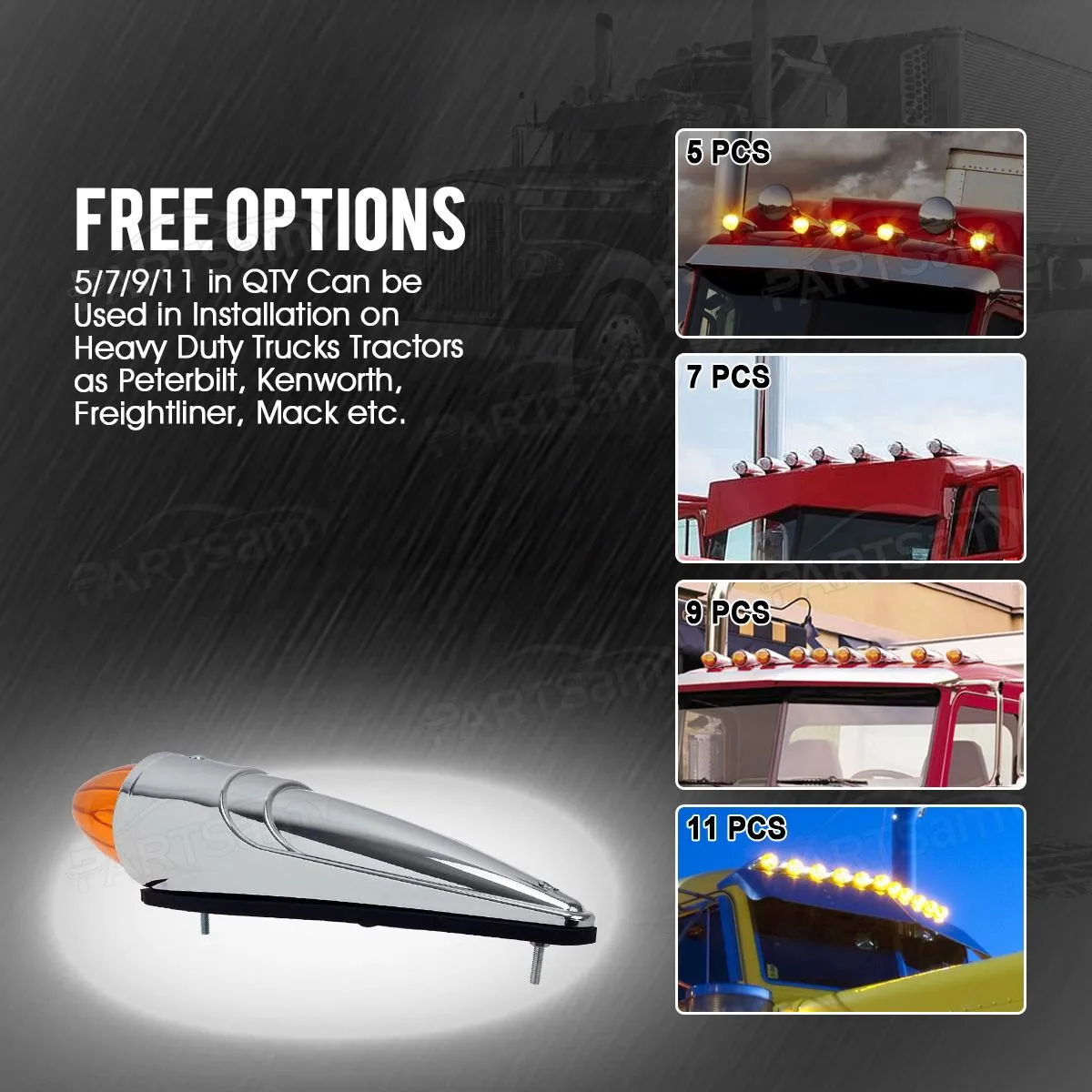 Partsam 7PCS 17 LED Torpedo Cab Lights Chrome Amber LED Top Cab Marker Roof Running Lights Assembly Compatible with Kenworth/Peterbilt/Freightliner/Mack//International Paccar Heavy Duty Trucks