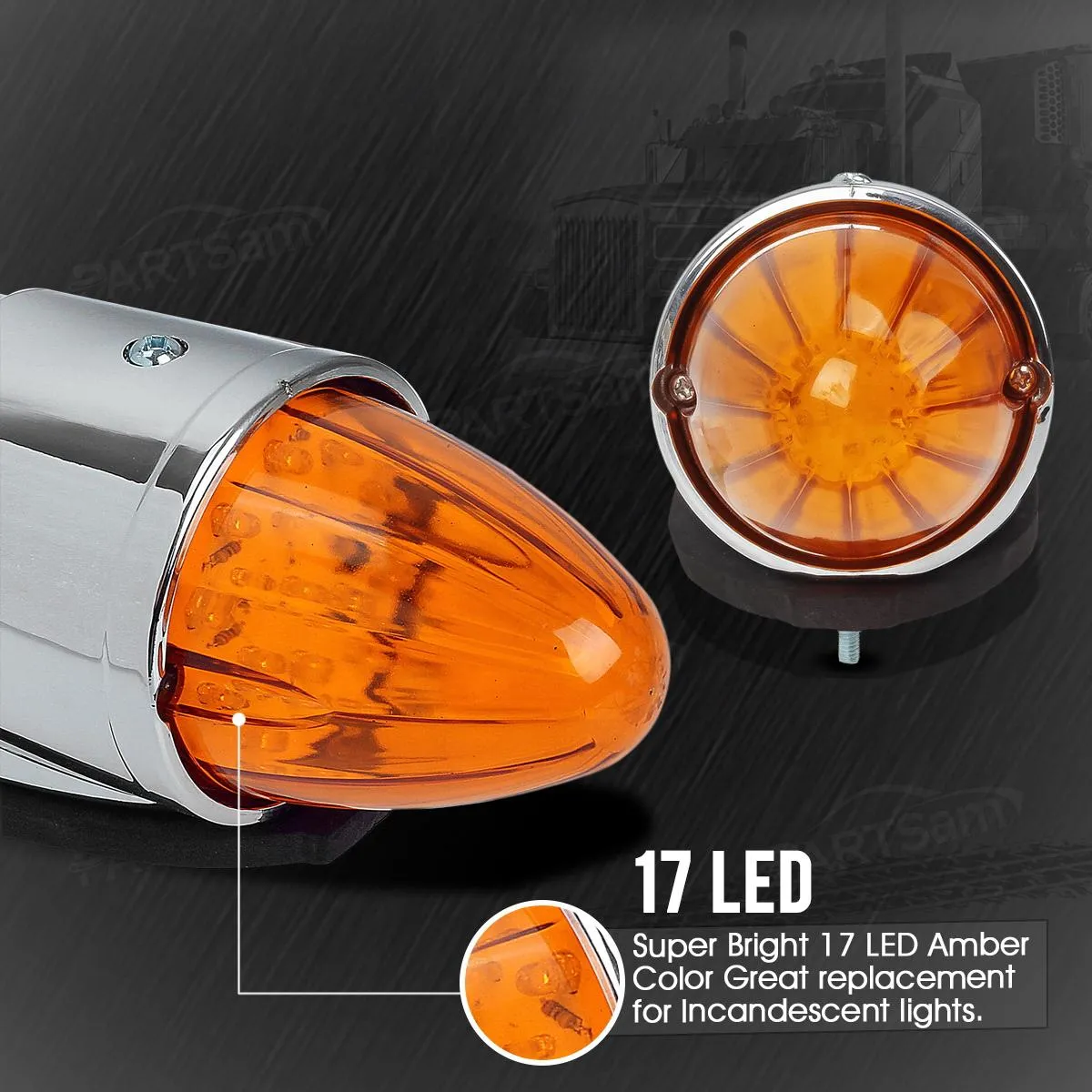 Partsam 7PCS 17 LED Torpedo Cab Lights Chrome Amber LED Top Cab Marker Roof Running Lights Assembly Compatible with Kenworth/Peterbilt/Freightliner/Mack//International Paccar Heavy Duty Trucks