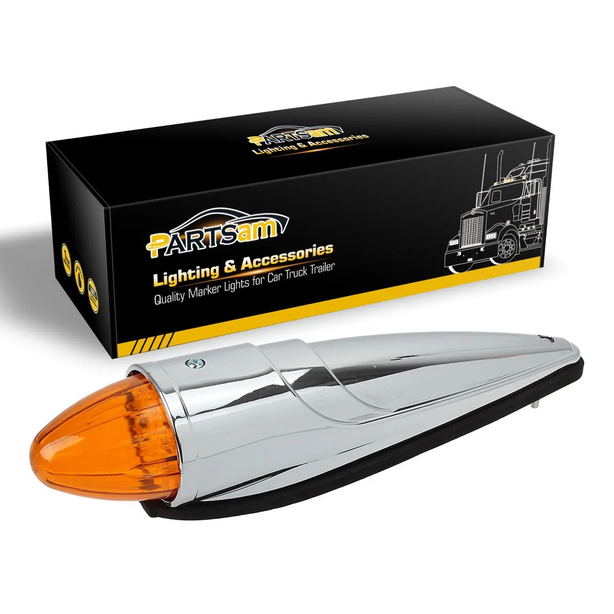 Partsam 7PCS 17 LED Torpedo Cab Lights Chrome Amber LED Top Cab Marker Roof Running Lights Assembly Compatible with Kenworth/Peterbilt/Freightliner/Mack//International Paccar Heavy Duty Trucks