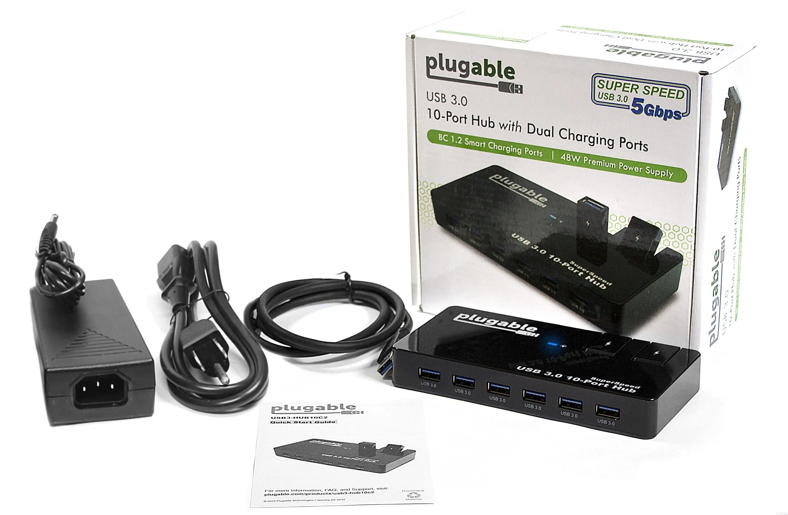 Plugable USB 3.0 10-Port Hub with 50W Power Adapter