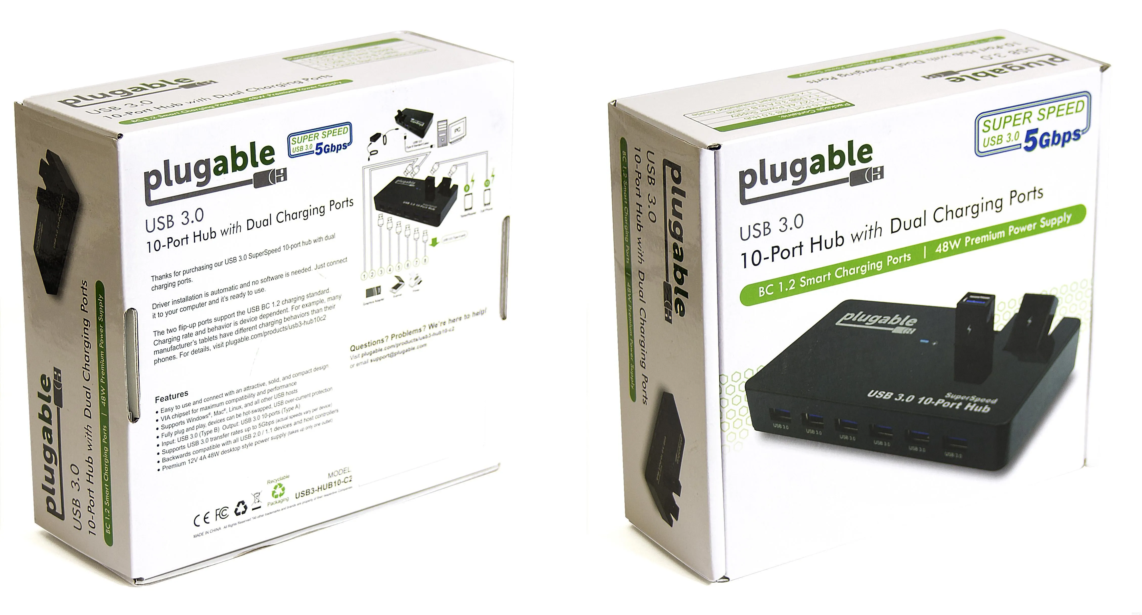 Plugable USB 3.0 10-Port Hub with 50W Power Adapter