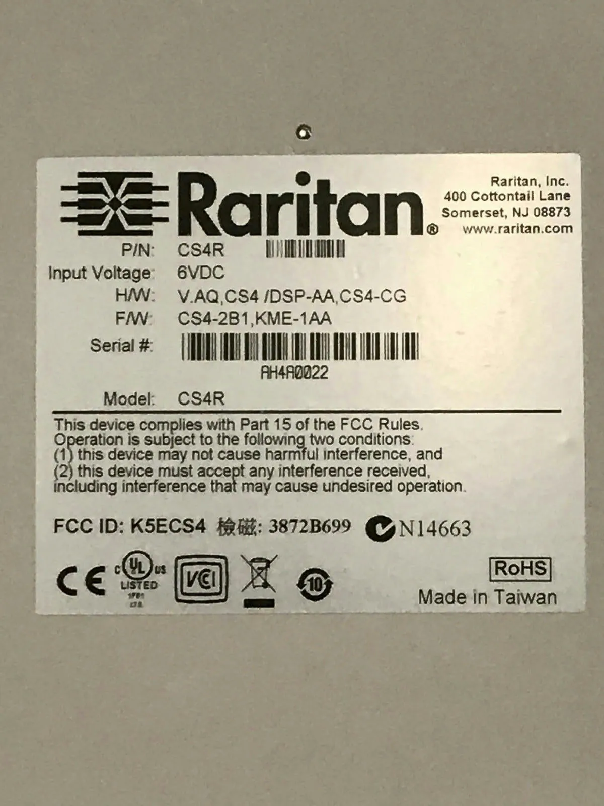 Raritan KVM Switch CompuSwitch (4 port) Cables Sold Separately CS4R