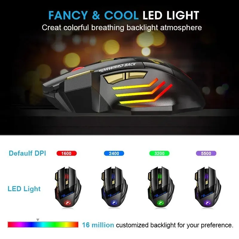 Rechargeable RGB Wireless Gaming Mouse - Silent, Ergonomic, Bluetooth