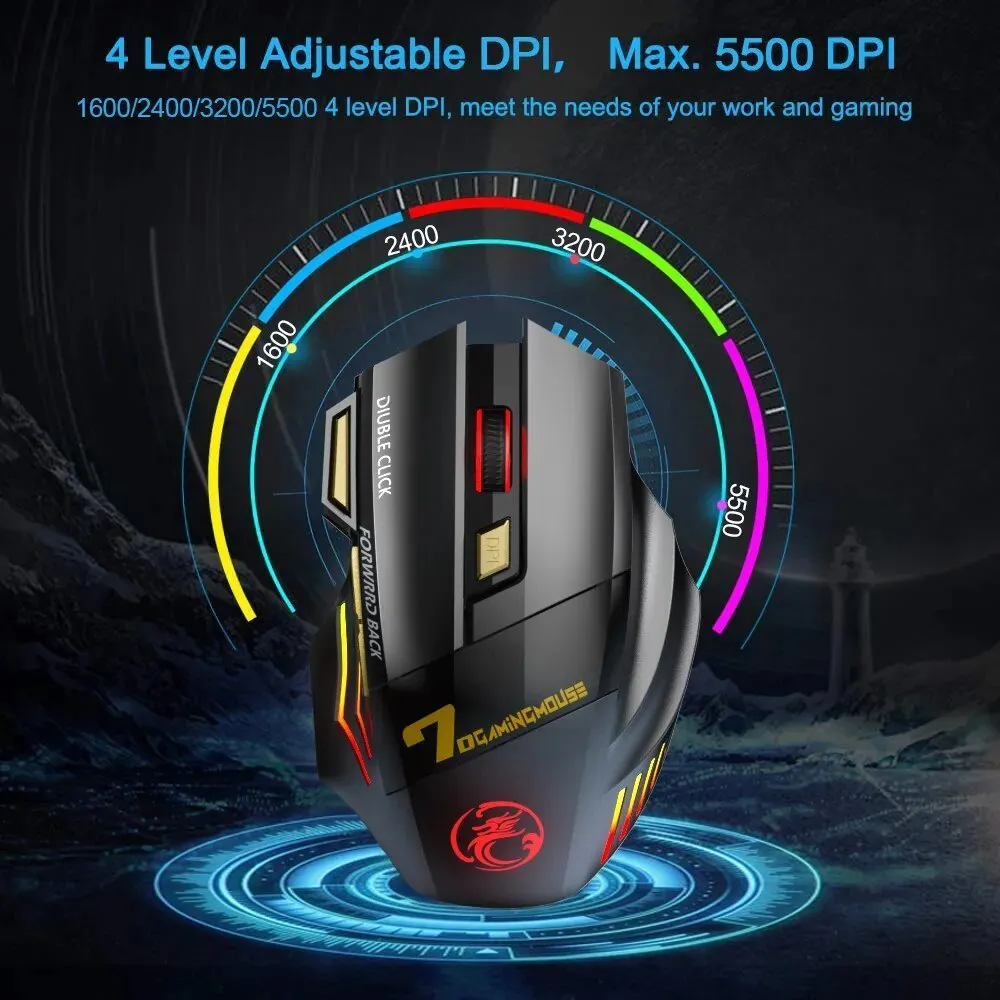 Rechargeable RGB Wireless Gaming Mouse - Silent, Ergonomic, Bluetooth