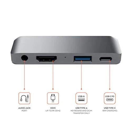 Satechi Aluminum Type-C Mobile Pro Hub Adapter with USB-C PD Charging, 4K HDMI, USB 3.0 & 3.5mm Headphone Jack - Compatible with 2018 iPad Pro, Microsoft Surface Go and More (Space Gray)