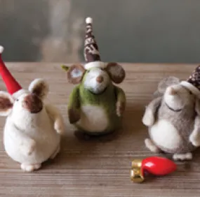 Set Of 3 Felt Mice With Christmas Hats