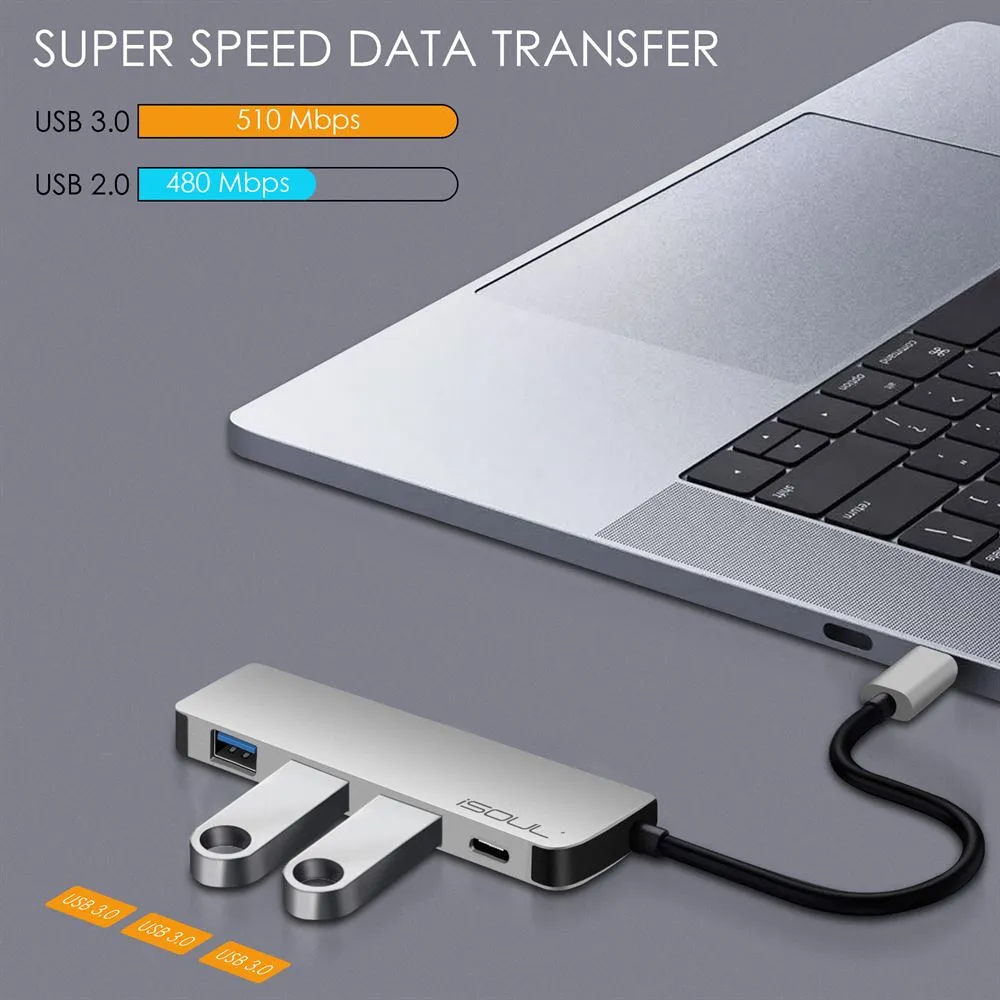 USB C Hub to USB-A 4 Port Hub and PD Power Delivery