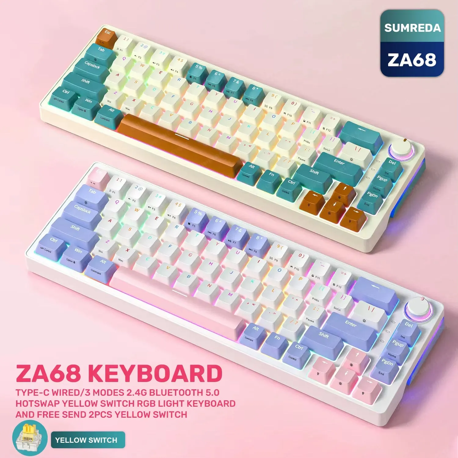 ZA68 Wireless Gamers Mechanical Keyboard 2.4G Bluetooth TYPE-C Wired 3-Mode Gaming Keyboard Hotswap RGB Backlit 68 Keys